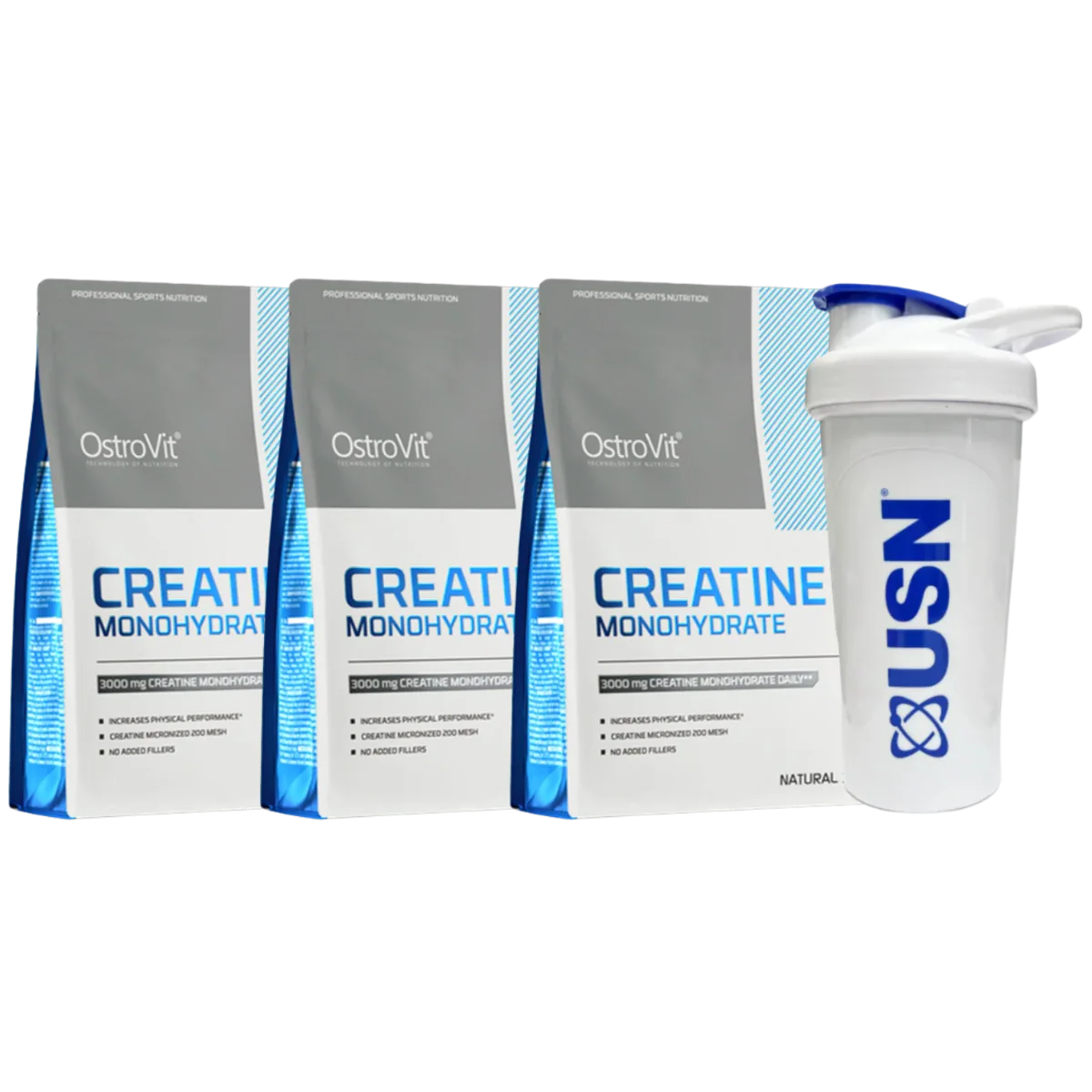 Pack 3 CREATINAS MONOHIDRATADA OSTROVIT DE 300 GRS + SHAKER DE REGALO